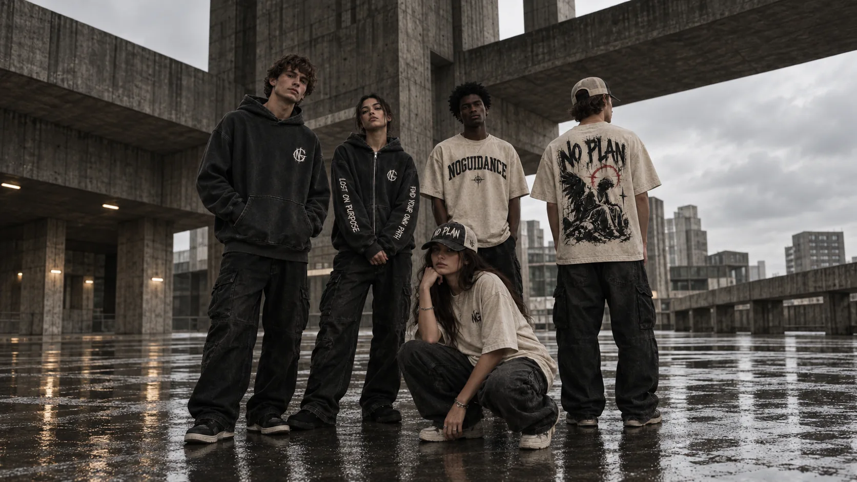 Five models in No Guidance pieces under a brutalist concrete structure on wet ground