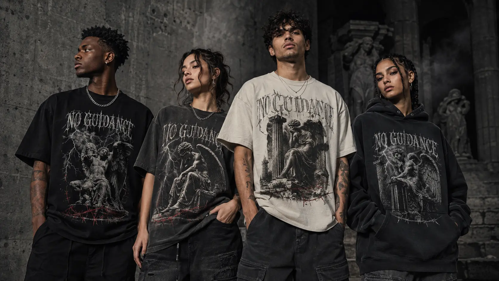 No Guidance campaign featuring four models in graphic streetwear
