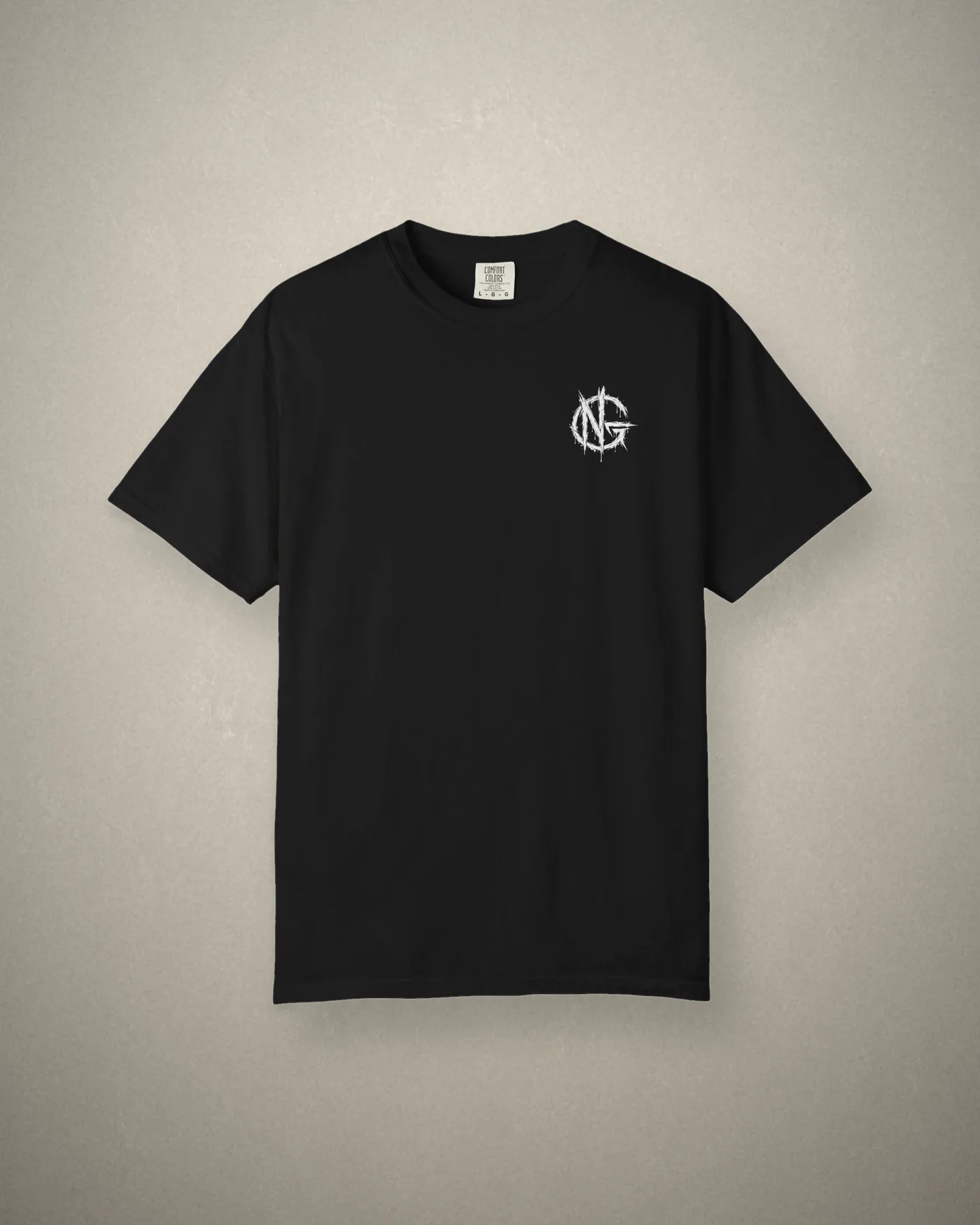 No Guidance No Plan tee in black, front, with the circular NG chest mark