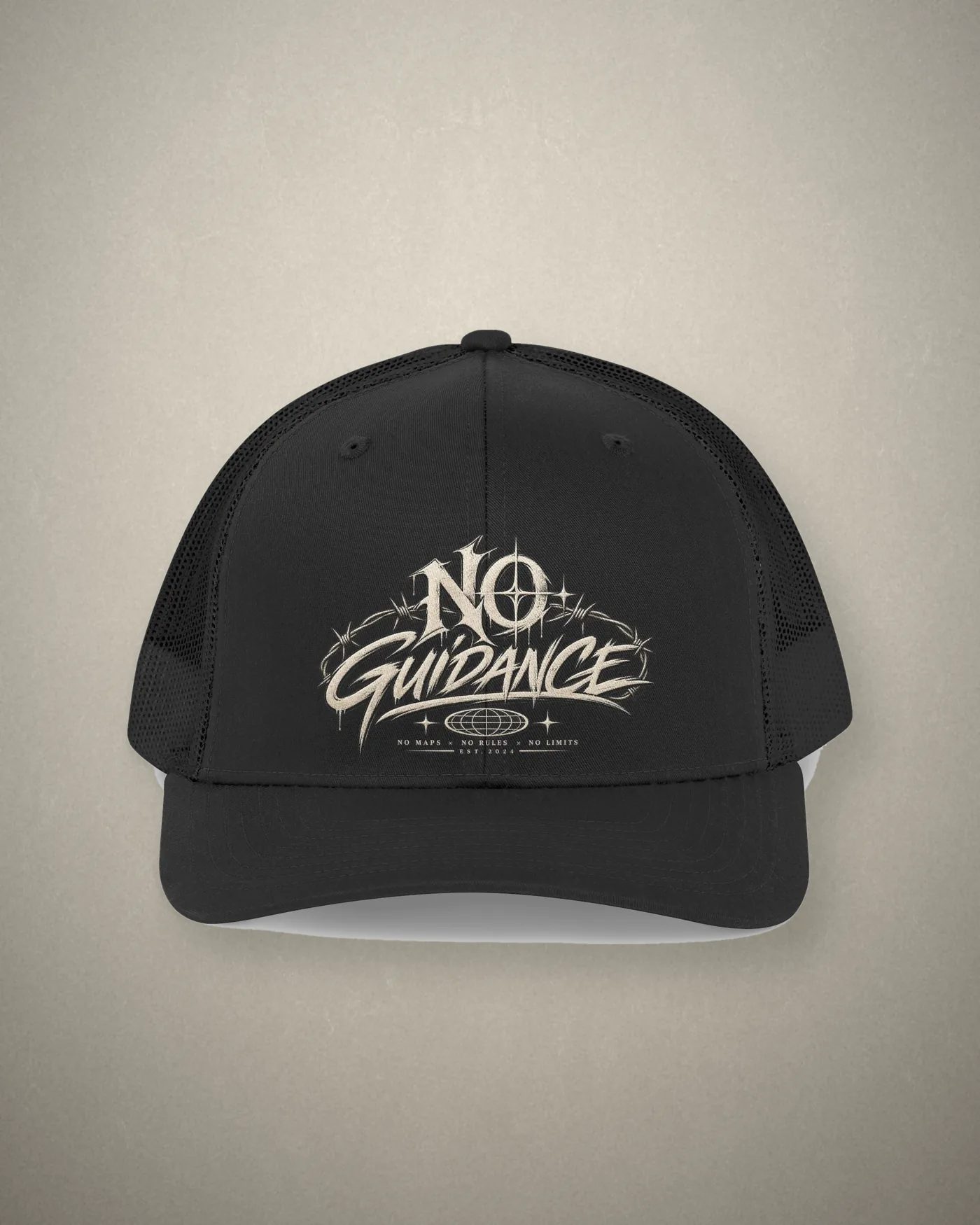 No Guidance trucker cap in black with the distressed script logo on the front panel